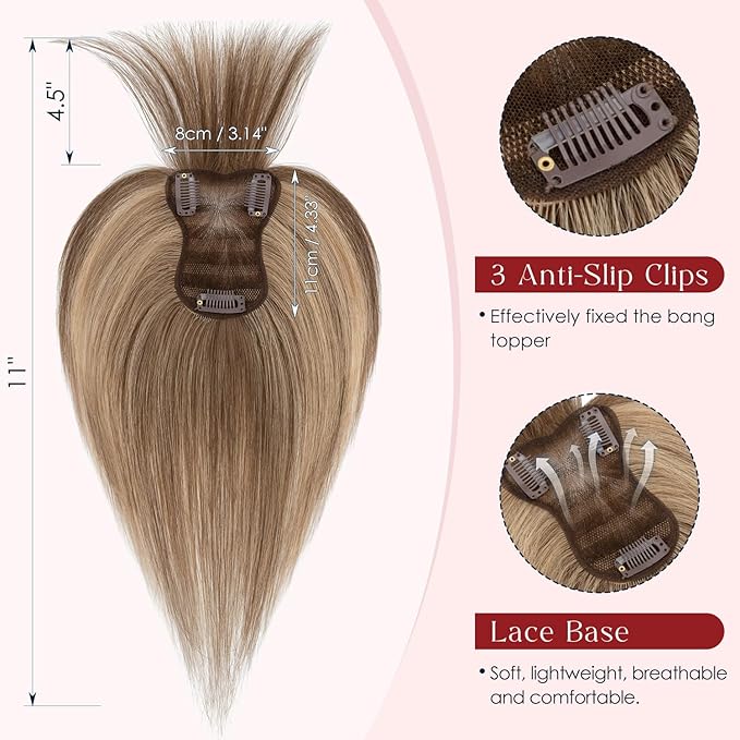 Human Hair Topper with Bangs for Women, 360° Cover Clip in Fringe Bangs Hair Toppers Hair Piece with Highlights 3.15x4.33 Hand-tied Base Medium Brown&Dark Blonde