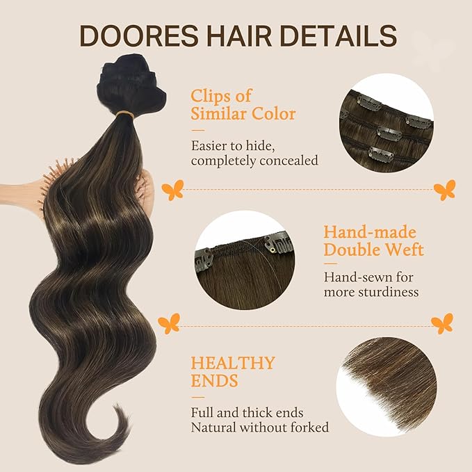 DOORES Clip in Hair Extensions, 75g 5pcs Balayage Dark Brown to Chestnut Brown 16 Inch Real Human Hair Extensions Clip in Natural Straight Hair Extensions