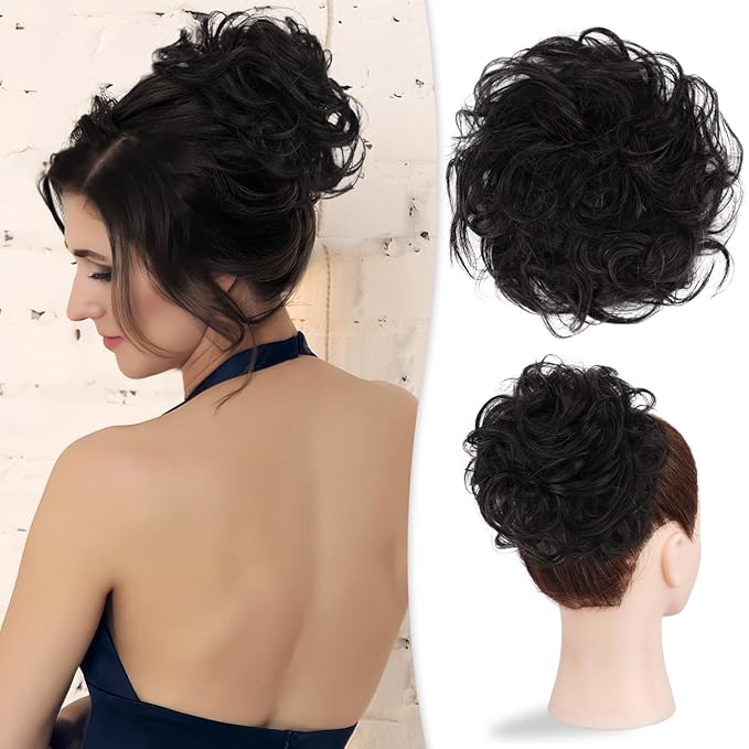 RUWISS Large Messy Bun Hair Piece 100% Human Hair Layered Wavy Curly Hair Buns Hair Piece for Women Thick Updo Hairpiece for Daily Wear Real Hair Scrunchies Natural Black Ponytail Extension