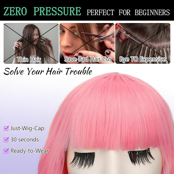 AISI HAIR Curly Bob Wig with Bangs Short Wavy Pink Color Wigs for Women Bob Style Synthetic Heat Resistant Bob Wigs