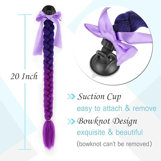 SEGO 1PCS/2PCS Helmet Pigtail Braids with Detachable Suction Cup Bowknot Ponytail Hair Many Colors (Helmet not Included)