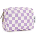 Narwey Small Checkered Makeup Bag for Purse Mini Cosmetic Bag Travel Makeup Pouch Zipper Pouch Cute Make up Bags with Compartments for Women Girls (Purple Checkerboard, Small)