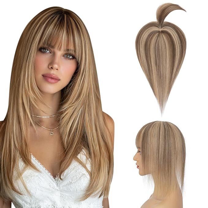 Hairro Mono Hair Toppers with Bangs, 3.4" x 3.4" Mono Base 100% Real Human Hairpieces for Women, 150% Density Clips In Topper for Greyish Thinning Hair, 16 Inch Medium Brown Mix Dark Blonde