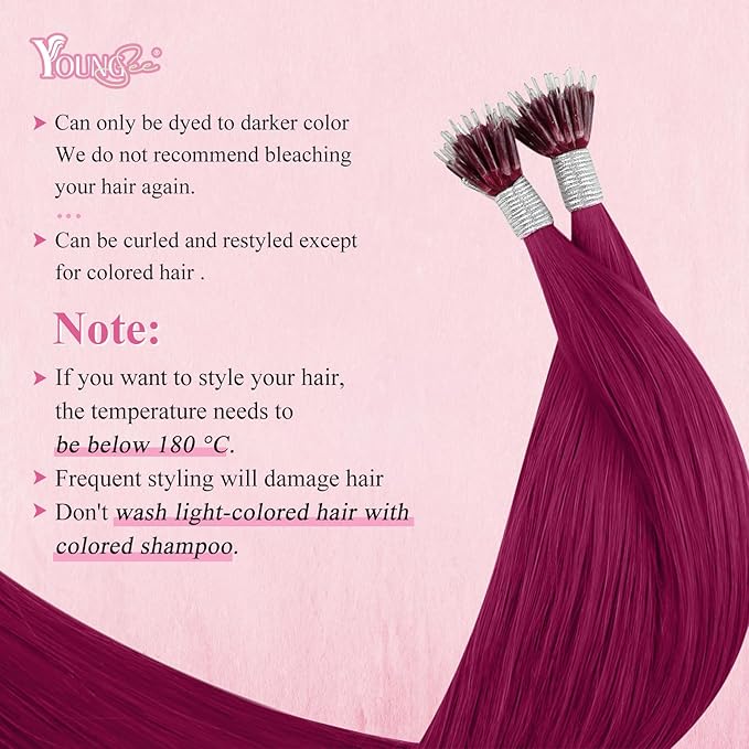 YoungSee Nano Ring Hair Extensions Magenta Nano Human Hair Extensions Burgundy Nanobead Hair Extension Human Hair Colorful Nano Hair-Extension Colored for Role Playing 25s 25g 20inch