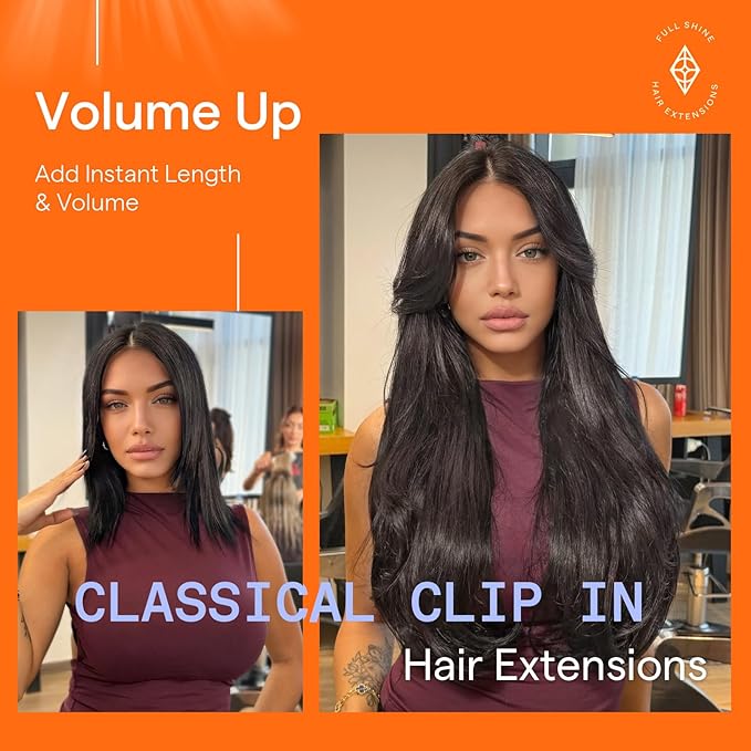 Full Shine 24 Inch Clip on Hair Extensions for Women Natural Black Tea Real Hair Clip in Extensions Brunette Hair Extensions 120 G 7 Pcs