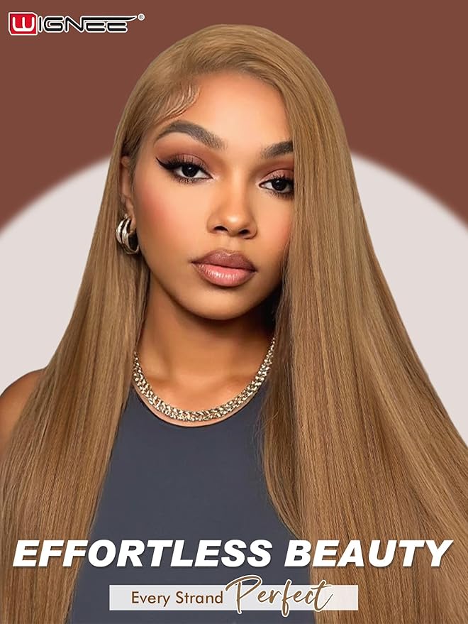 WIGNEE 13x6 Synthetic Lace Front Wig 28" Mixed Brown Wig Pre-Plucked Handmade Lace Front Wigs with Kanekalon Futura Hair Voluminous Long Straight Synthetic Wigs for Daily Party Use