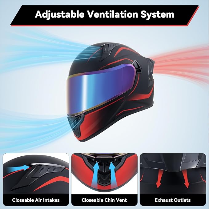 Full Face Motorcycle Helmets for Adult Men Women, DOT Approved Street Bike Racing Helmet Dual Visor Quick Release Buckle, Motorbike ADV Moped Helmet with Extra Clear Visor