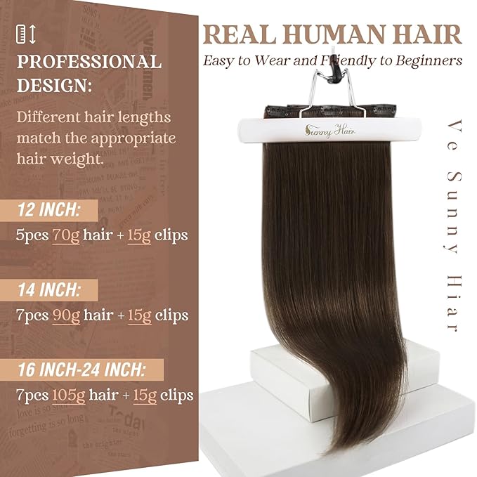 Ve Sunny Brown Clip in Hair Extensions Human Hair Clip in Extensions Dark Brown Hair Extensions Clip ins Long Hair Extensions Real Human Hair Clip in Natural Look 20inch 7pcs 120g