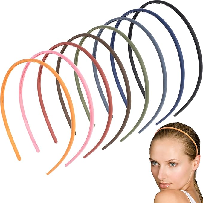 8pcs Thin Skinny Headbands with Teeth, Non-Slip Plain Frosted Headbands for Women, 5mm Plastic Elastic Head Bands for Long Short Straight Curly Hair- 8 Colors