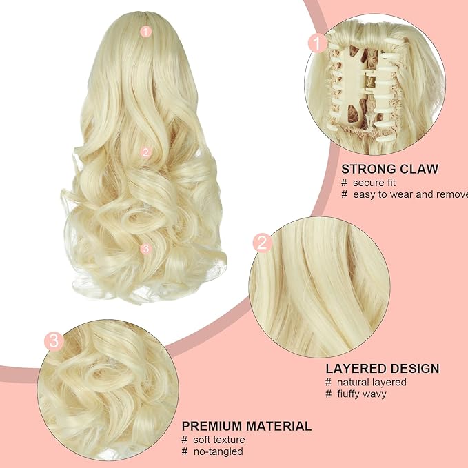 Ponytail Extension, Clip on Ponytails for Women, 12" Claw Clip in Short Curly Wavy Pony Hair Extension for Women - Bleach Blonde