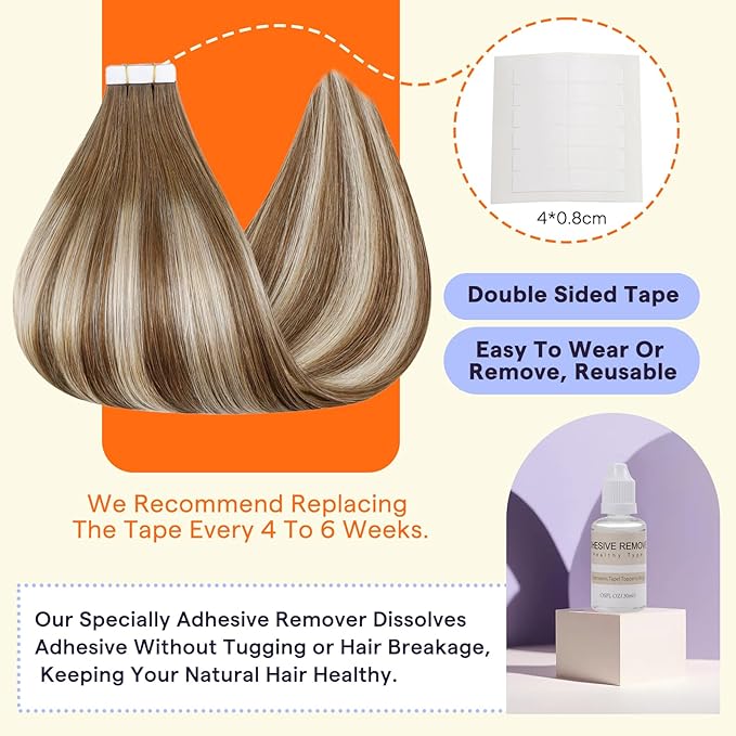 Full Shine Tape in Extensions 16 Inch Color 6 Brown Fading to 6 and 60 Blonde Invisible Double Sided Remy Tape Ins Human Hair Extensions 50 Grams Straight Seamless Soft and Silky 20 PCS for Wedding