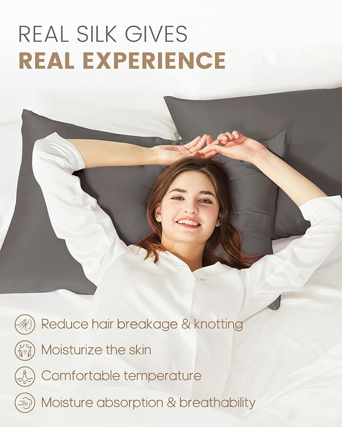 THXSILK 100% Mulberry Silk Pillow Case Silk Pillowcase for Hair and Skin, Hypoallergenic Soft Breathable Pillow Cover with Hidden Zipper, 1pc, (Dark Gray, Standard 20"x26")