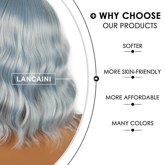 Short Bob Wigs with Bangs for Women Loose Wavy Wig Curly Wavy Shoulder Length Bob Synthetic Cosplay Wig for Girl Colorful Costume Wigs (Ice Blue)