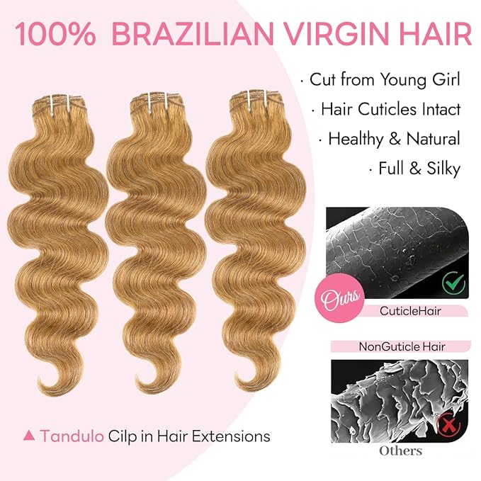 Clip in Hair Extensions Real Human Hair Body Wave 27 Honey Blonde Clip in 100% Brazilian Remy Human Hair Extensions 8pcs Per Set with 18 Clips Double Weft 20 Inch 105g/3.6oz