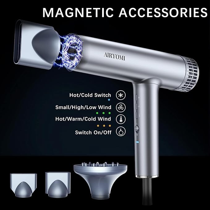 Hair Dryer, Professional Brushless Motor Ionic Hair Blow Dryer with Diffuser, Magnetic Nozzles, 0.83Pound, 2000W, 60dB, 3 Heat Settings & 3 Speed & Cold Settings