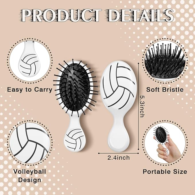 12 Pcs Volleyball Mini Detangler Brush, Mini Travel Hair Brush, Bristles Plastic Detangling Brush,No Tangle Soft Flexible Bristles for Straight, Curly, Thick Hair for Volleyball Team Gift Sport Party