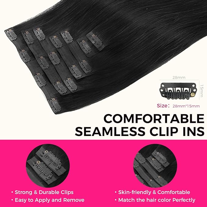 Lashey Seamless Clip in Hair Extensions Human Hair, 7pcs 110g Jet Black Straight Remy Human Hair Clip in Extensions 20 Inch Hair Extensions with Soft PU Weft