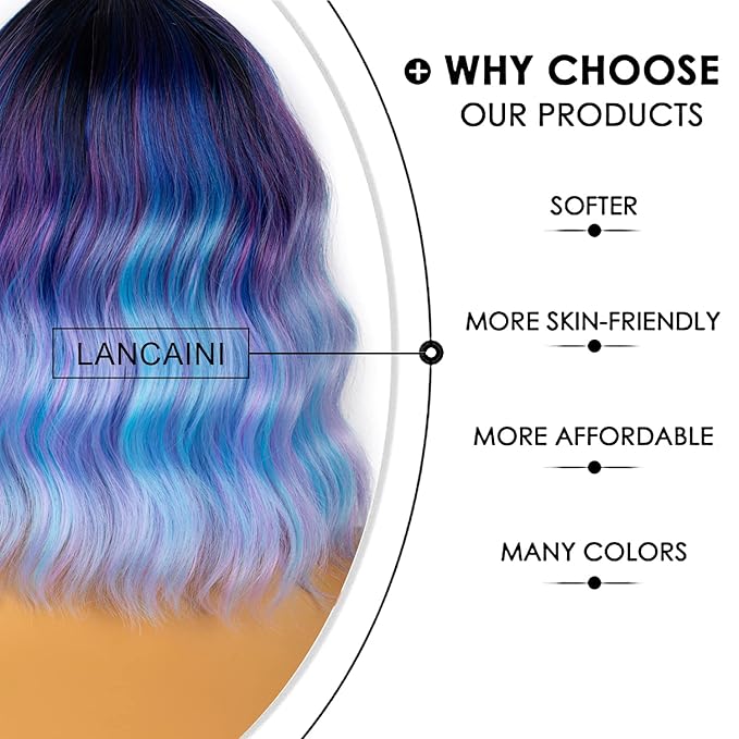 Colourful Short Bob Wigs with Bangs for Women Loose Wavy Wig Curly Wavy Shoulder Length Bob Synthetic Cosplay Wig for Girl Colorful Costume Wigs (Colourful-1)