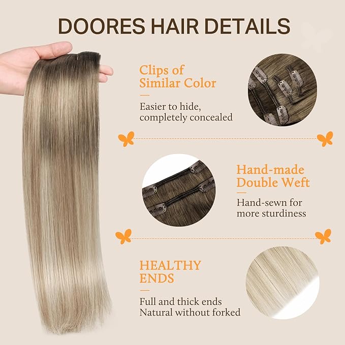 DOORES Hair Extensions Clip in Human Hair, Ash Brown to Dirty Blonde Balayage Platinum Blonde 18 Inch 120g 7pcs, Clip in Hair Extensions Remy Weft Natural Straight Weft for Women