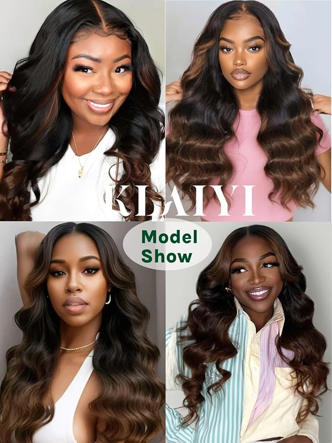 KLAIYI Ombre Brown V Part Body Wave Human Hair Upgrade U Part Wig with Dark Roots Glueless Chestnut Brown Clip in Half Wig No Glue No Leave Out Beginner Wigs for Women Ready To Wear and Go 150% 26Inch