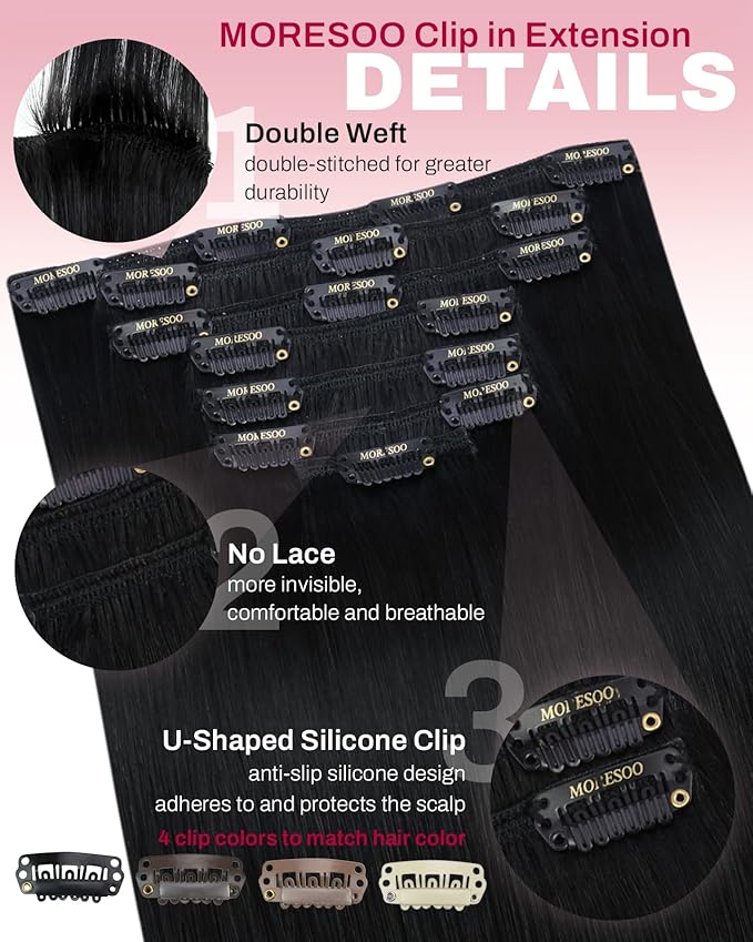 Moresoo Clip in Hair Extensions for Black Women Remy Double Weft Human Hair Clip in Extensions Jet Black #1 7Pieces 120G 24inch