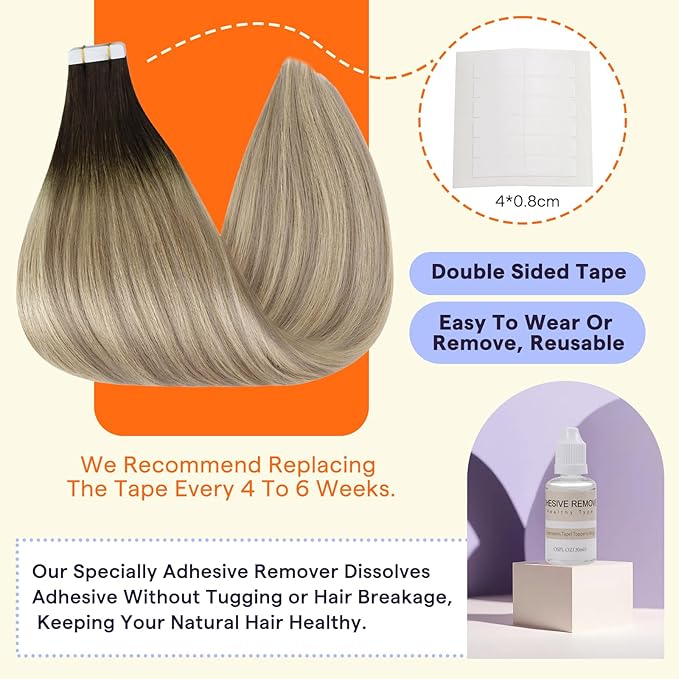 Full Shine Tape in Extensions 16 Inch Color 2 Fading to 18 Ash Blonde Highlight 60 Blonde Seamless Straight Hair Extensions Real Human Hair Tape in 20PCS Natural Invisible Remy Hair 50g for Party