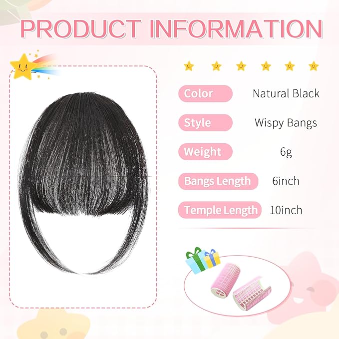 Clip in Bangs 100% Real Human Hair, Wispy Bangs Hair Clip, Fake Bang Fringe with Temples Hairpieces for Women Daily Wear (Natural Black, Wispy Bangs)
