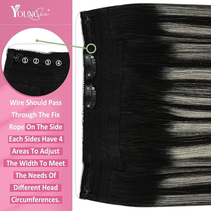 YoungSee 135G Wire Hair Extensions Ombre Black with Silver Hair Extensions Invisible Wire Black Ombre One Piece Hair Extension Real Human Hair 24Inch