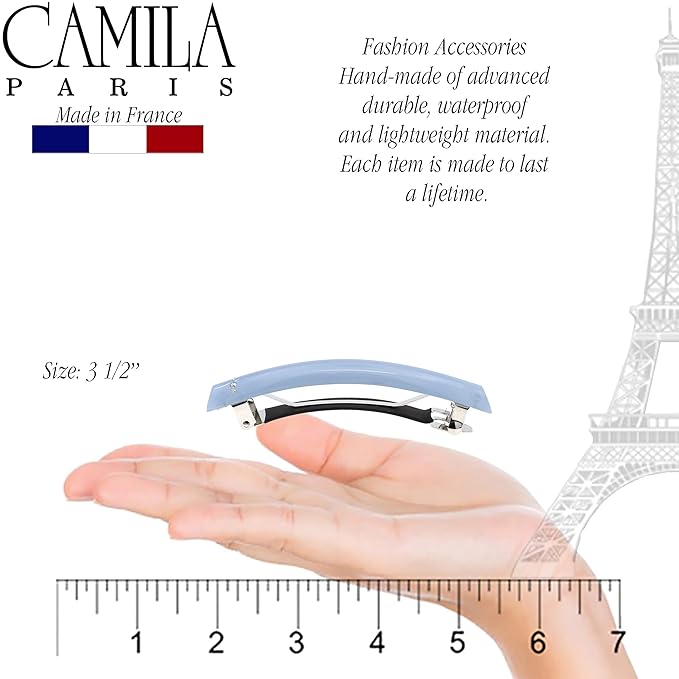 Camila Paris CP3451 French Hair Barrette Clip for Girls Light Blue, Rubberized Metal Clasp Strong Hold Grip Hair Clips for Women, No Slip Durable and Styling Girls Hair Accessories, Made in France