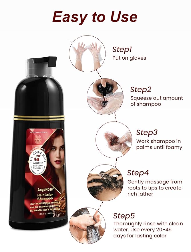 Wine Red Hair Dye Shampoo 3 in 1, Natural Hair Dye to Cover Gray Hair, 400 ML