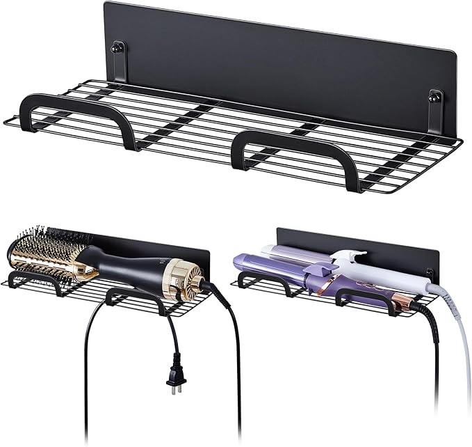 Straighteners Holder Wall Mounted Metal Hair Dryer Holder for Curling Wands Accessories Adhesive Curling Iron Holder Hair Tool Organizer for Vanity Bathroom Barber Shops (Black)