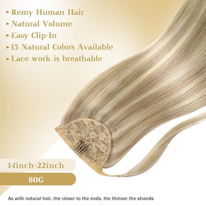 Ve Sunny Hair Extensions Ponytail Real Human Hair Wrap Around Clip in Ponytail Hair Extensions Straight Extensions Human Hair for Women Dark Golden Blonde Highlights 16inch 80G