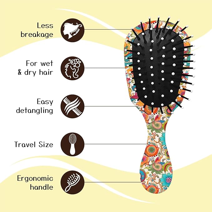 Mini Hair Brush,Cute Detangling Travel Hair Brush,Soft Bristles for Effortless Tangle Removal,Detangler Hairbrush for Women Men Boys Girls Kids Wet Dry All Hair Types (Colorful Bohemian Flowers, Mini)