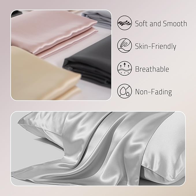 Mulberry Silk Pillowcases Set of 2, Both Sides Real Silk Pillow Covers for Hair and Skin Cool Pillowcase Organic Silk Pillowcase 2 Pack with Hidden Zipper, Silver Grey, King (20"×36")