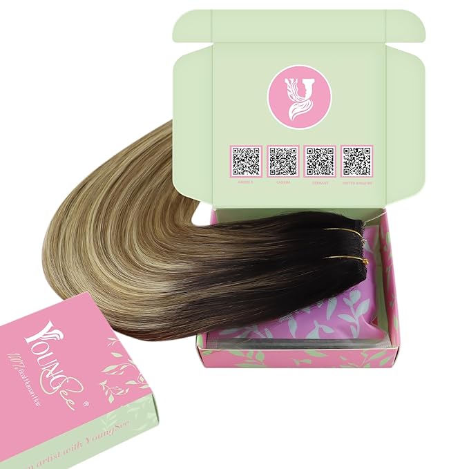 YoungSee Wire Hair Extensions Balayage Brown Invisible Wire Hair Extensions Real Human Hair Dark Roots to Medium Brown with Blonde Fish Line Hair Extension Short Straight Hair 70G 12Inch