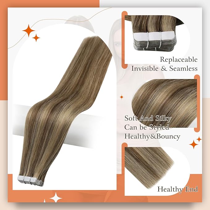 Full Shine Human Hair Extensions Color 4 Brown Highlight 27 Blonde Tape in Hair Extensions 18Inch Long Straight Skin Weft Seamless Invisible Extension for Bridal Hairstyles 100G 40Pcs