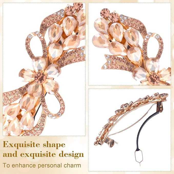 Joez Wonderful Rhinestone Hair Clip Sparkly Crystal Barrettes French Wedding Prom Engagement Pageant First Communion Hair Decorative Accessories for Women Long Hair (Bow Champagne 1 Pcs)