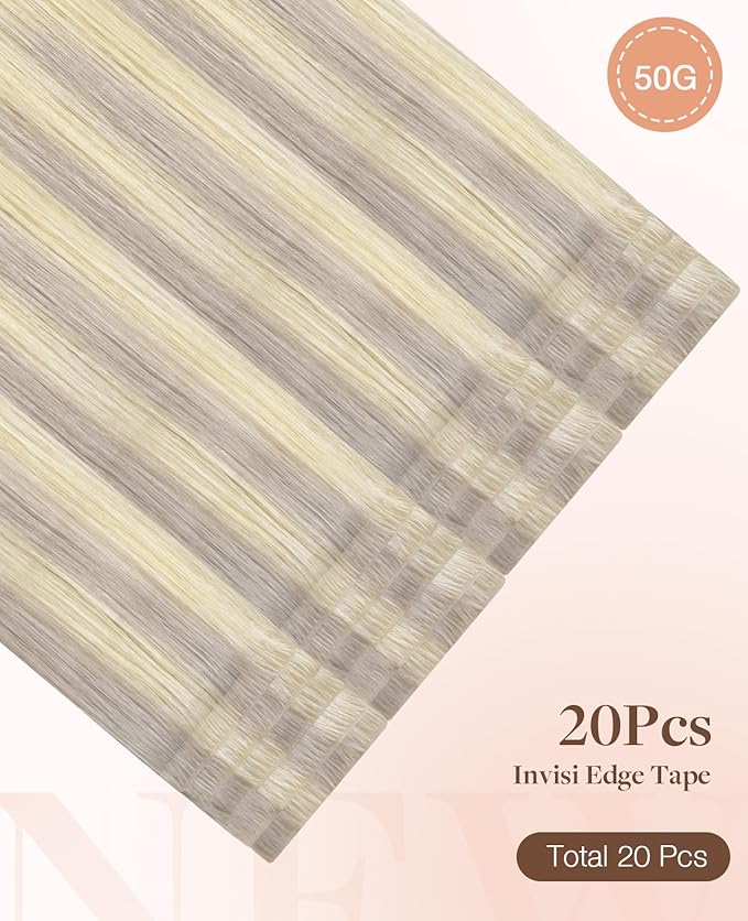 GOO GOO Invisi Edge Tape in Hair Extensions Human Hair, 17/22/60 Balayage Ash Blonde to Golden Blonde and Platinum Blonde, 20pcs 20inch 50g, Virgin Remy Hair, Seamless Injected Tape, Natural Look