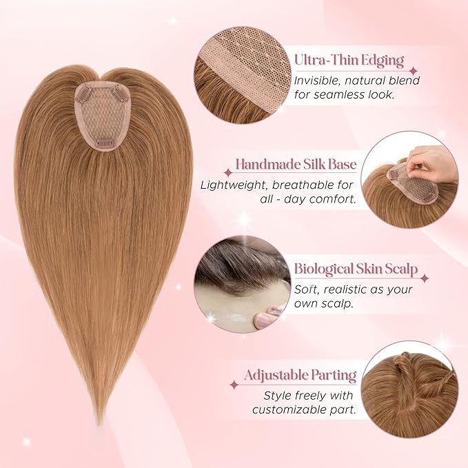 Real Human Hair Toppers for Women 3.54"*4.72" Silky Base 150% Density No Bangs Adjustable Parting Clip-In Topper Hairpieces for Women with Thinning Hair 14 Inches Light Brown