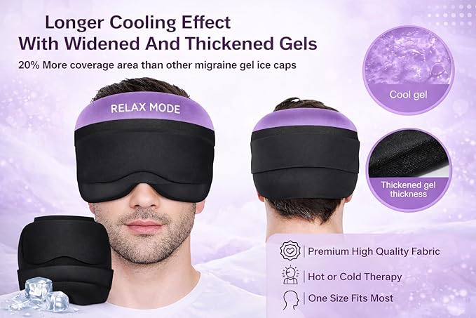 2-in-1 Migraine Relief Cap with Detachable Eye Mask – Hot & Cold Therapy Headache Hat for Migraines, Sinus Pressure, Tension & Stress Relief – Reusable Gel Ice Pack, Light Blocking, Comfortable Fit