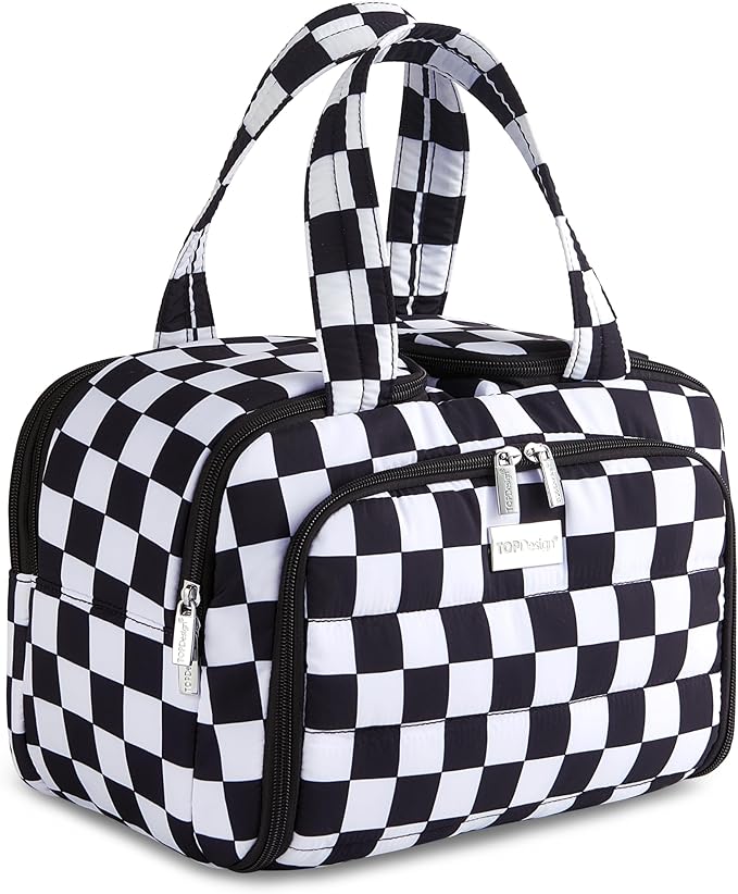 TOPDesign Travel Toiletry Bag for Women, Puffer Large Toiletry Bag, Lightweight Cosmetic Makeup Organizer with Handle for Traveling, Accessories, Essentials, Toiletries (Checkerboard)