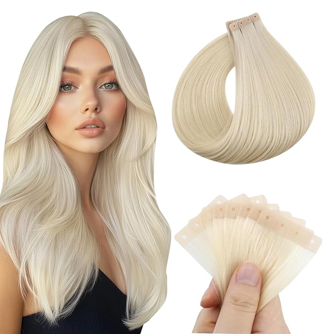 Full Shine Tape in Hair Extensions Human Hair Blonde Tape ins Color 60 Bleach Blonde Glueless Remy Human Hair Extensions with Holes 20PCS 50G 18Inch No Glue No Clips for Thin Hair