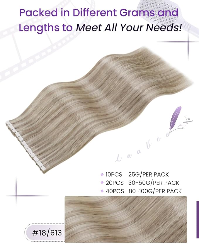LaaVoo Tape in Hair Extensions Human Hair Blonde Tape in Extensions Human Hair Bleach Blonde Highlights with Ash Blonde 50G 20Pcs 18Inch