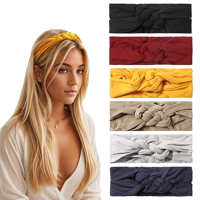 Vercret Headbands for Women Sailor Knot Headband Wide Elastic Adjustable Double Braided Hair Bands Non Slip for Girls Boho Stretchy Turban Headwrap Yoga Workout,Solid Color, 6Pcs