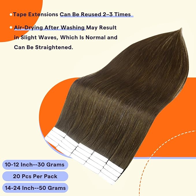 Full Shine Tape in Hair Extensions 16 Inch Color 4 Medium Brown Natural Invisible Double Sided Tape in Extensions Human Hair 20PCS Straight Seamless Soft and Silky Remy Hair 50G for Wedding
