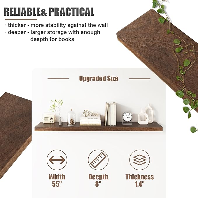Floating Shelves for Wall, USA-Sourced Walnut Wood 55 Inch Long Wall Shelves, Natural Wooden Wall Mounted Picture Ledge Shelf, Nursery Book Storage Shelf Kids Bookshelf, Display Shelf for Bathroom