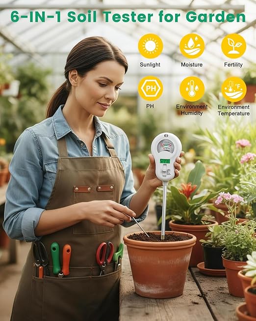 6-in-1 Soil Tester with 3 Probes - Soil Moisture, pH, Fertility, Temperature, Light & Air Humidity Meter, Soil Test Kit for Garden, Lawn, Indoor and Outdoor Plants