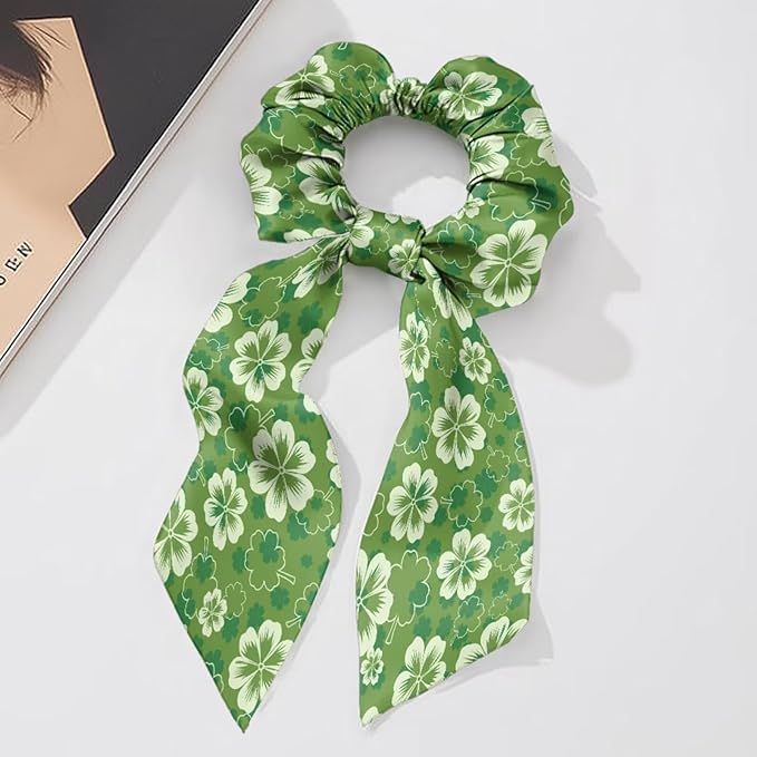 Four Leaf Satin Hair Tie Thick Hair No Damage Knotted Bow with Flowing Tails St. Patrick's Day Green Scrunchies with Bow Pack of 2