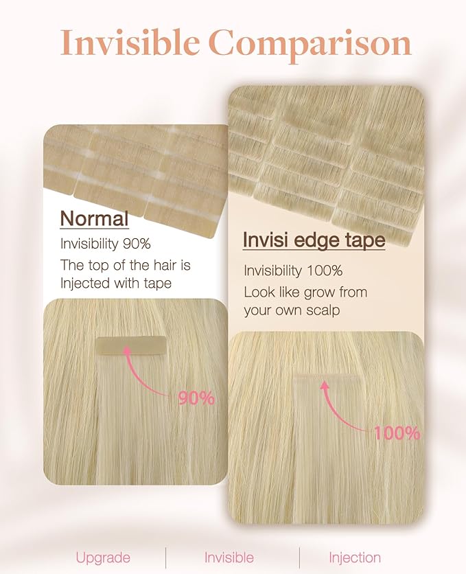 GOO GOO Invisi Edge Tape in Hair Extensions Human Hair, 18ET90A Natural Blonde Balayage10pcs injected with 10pcs classical tape ins, 20inch 50g, Virgin Remy Hair, Natural Look