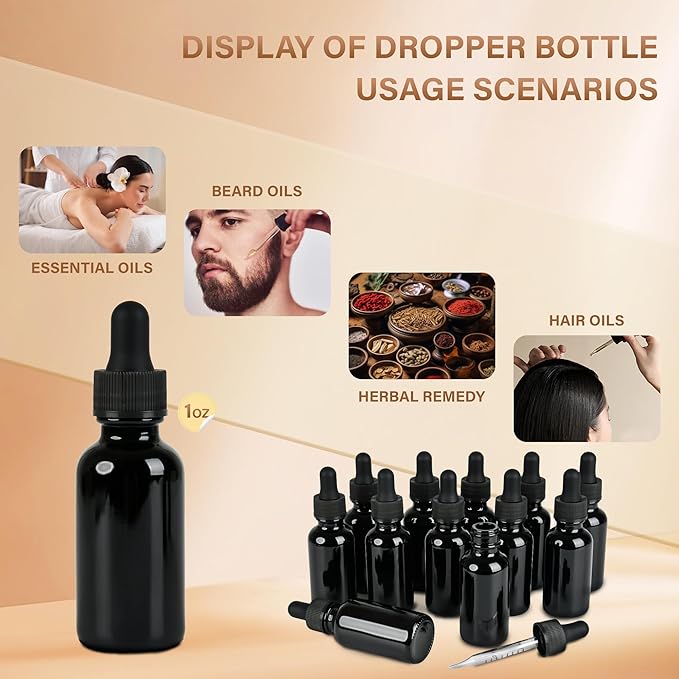 12 Pcs, 1oz Black Glass Eye Dropper Bottle, Tincture Bottles with Leak-Proof Design, Stronger Suction, for All Kinds of Mixed Liquids
